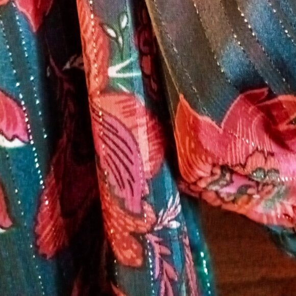 🌸Charming Charlie Floral Scoop Neck Women's Babydoll Top Teal Red Shiny Boho🌸 - Picture 10 of 12